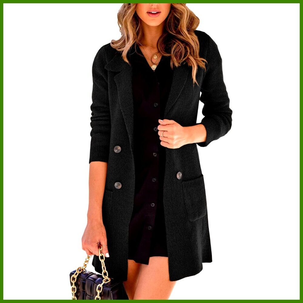 Open Front Lapel Collar Cardigan Button Down Long Sweater 45% Viscose 35% Nylon